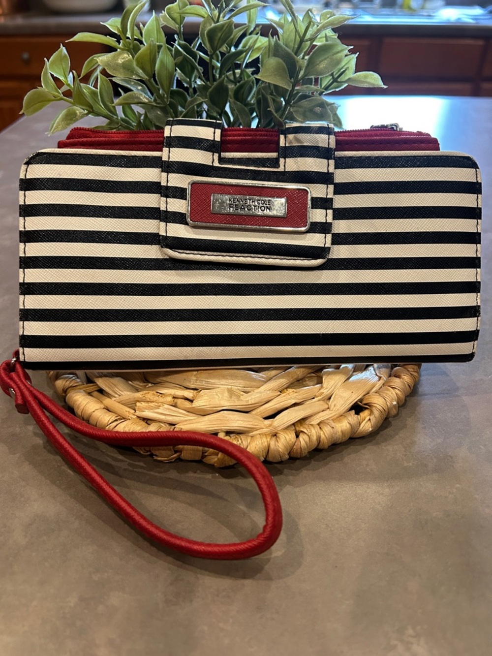 Kenneth Cole Reaction Black & White Striped Wristlet with Red Accents